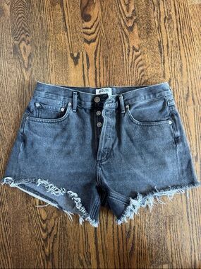 Agolde Washed Black High-Rise Frayed Denim Shorts